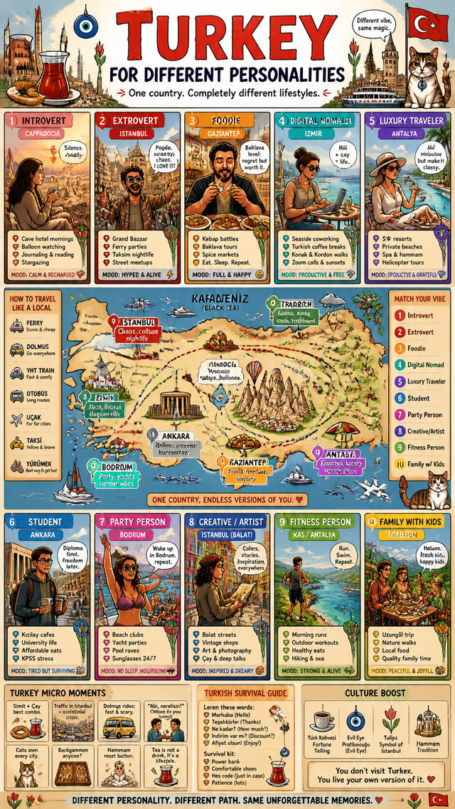 🇹🇷 COMIC INFOGRAPHIC POSTER PROMPT: TURKEYThis should feel like:personality psychology + travel gu