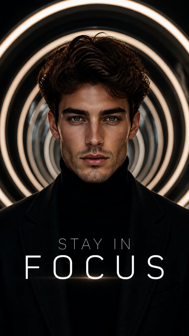 A premium 9:16 editorial portrait photography poster.Main Subject:A confident young male model stand