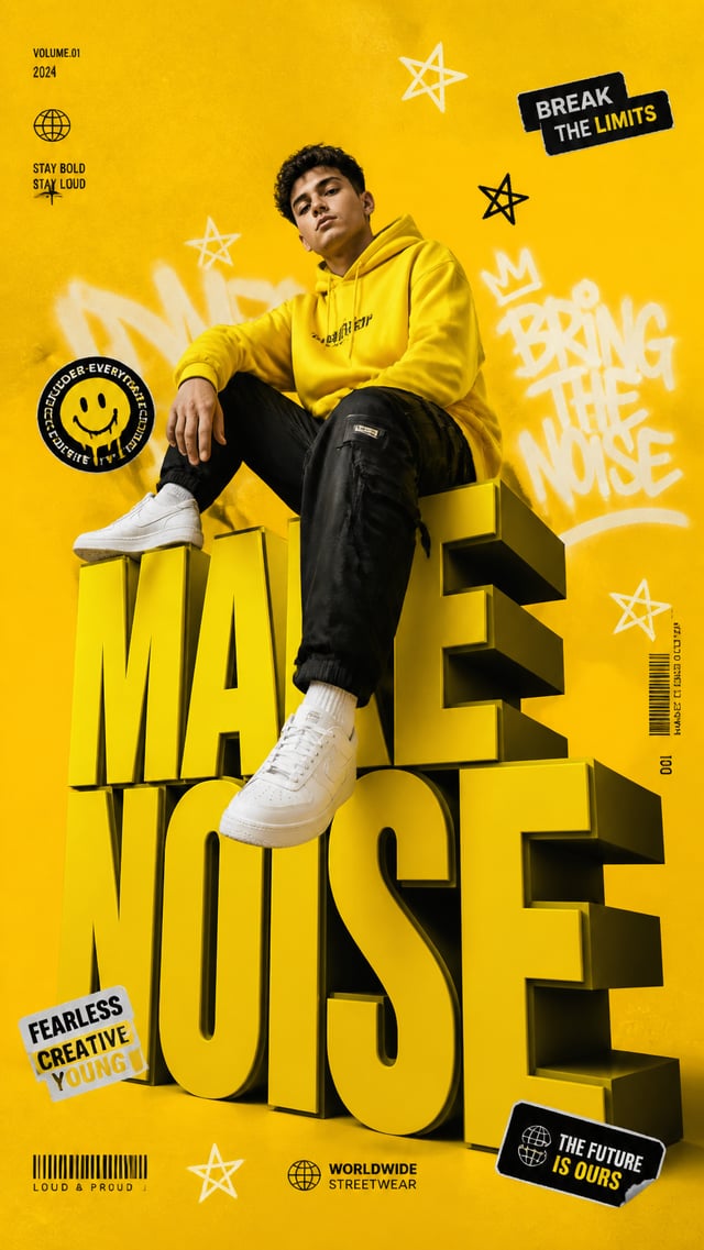 A premium 9:16 streetwear editorial advertising poster.Main Subject:A confident young male model cas