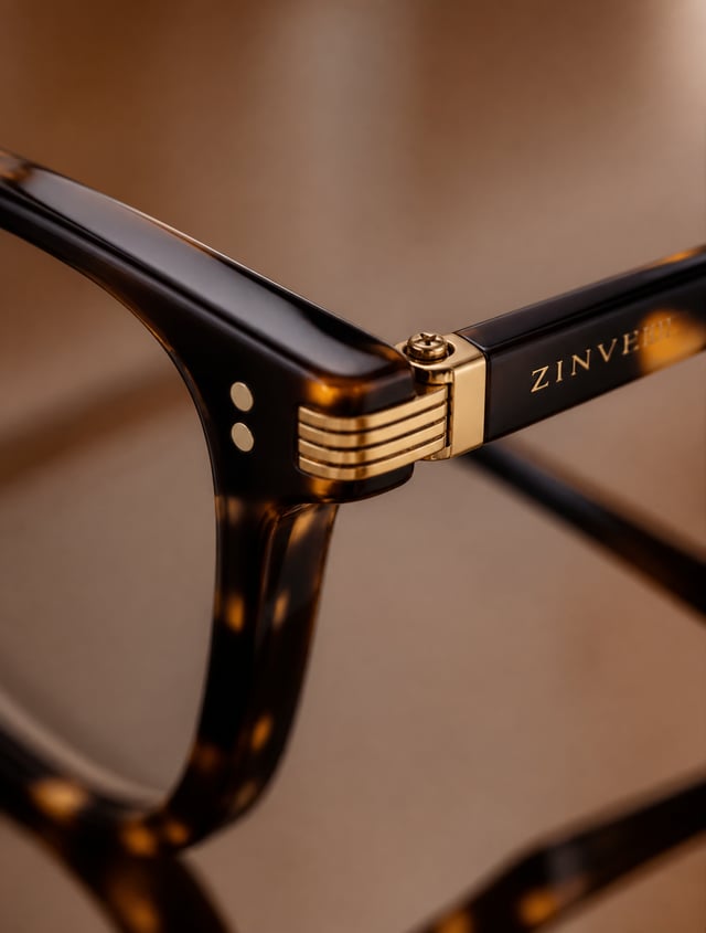 Create an extreme macro shot of the reference eyeglasses focusing on the frame, hinges, temples, and