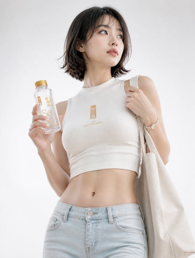 A fresh high-key lifestyle portrait set against a solid pure-white backdrop fading gently to pale of