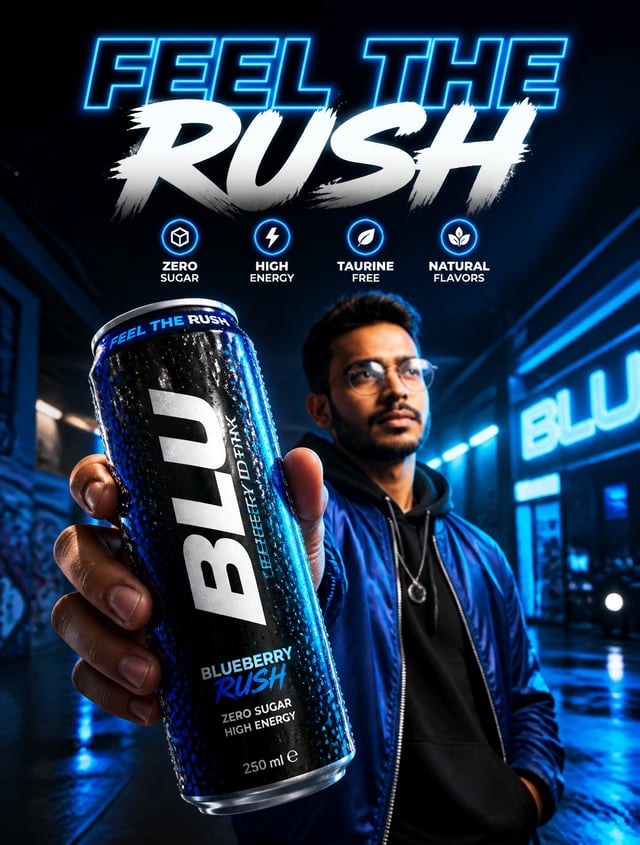 Create a premium high-energy modern beverage advertisement poster in a vertical 3:4 format, heavily 