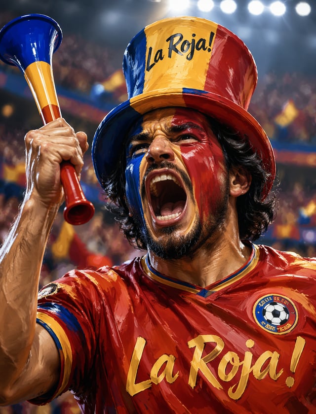 A fervent football supporter with face paint in vibrant red, yellow, and blue hues bellows in a ecst