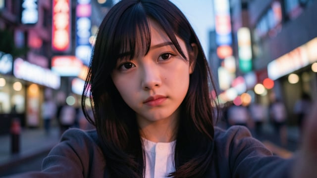エモーショナルな雰囲気で、夕暮れ時の柔らかな光に包まれた日本人女子大生の自撮り写真。彼女の表情は少し憂いを帯びており、背景には都会のネオンがぼんやりと滲んでいる。浅い被写