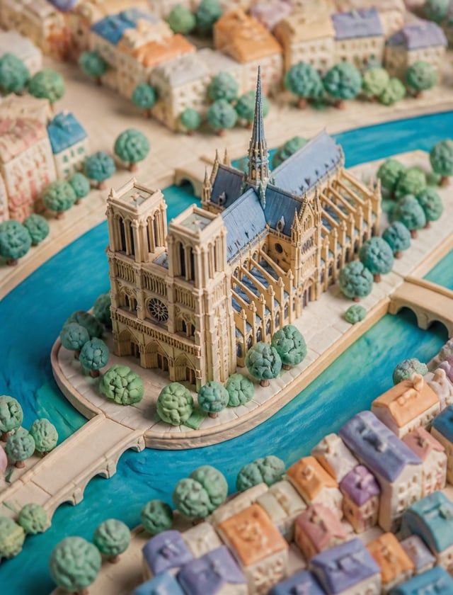3d Notre dome cathedral made of plasticine, bird eye view with a 35mm pastel clay landscape.