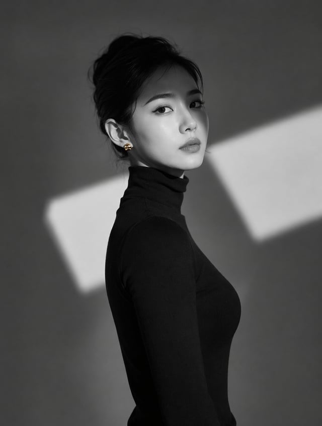 A high-resolution black and white portrait of a woman wearing a sharp black turtleneck and chic smal