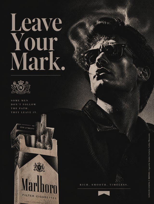 ad for an cigerette company, Make it look cool. Dither effects, noise, cool serif font, Stylized eff