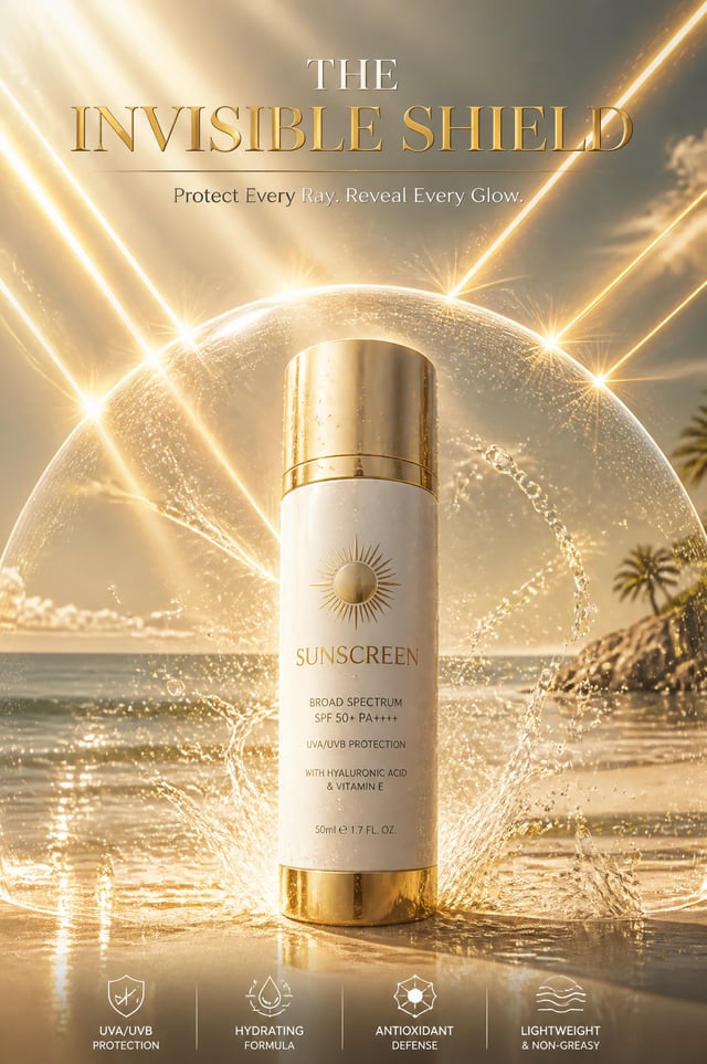 SUNSCREEN AD, “{argument name="headline" default="THE INVISIBLE SHIELD"}”Luxury skincare advertising