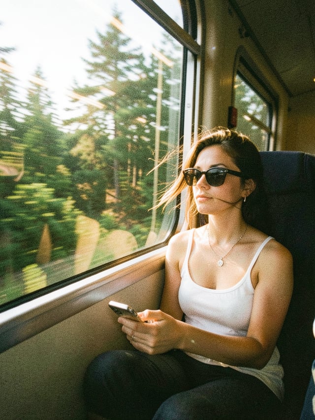 A candid quiet train-window moment during golden afternoon light. The subject sits curled beside a l