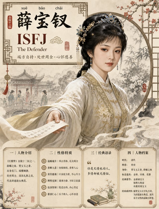 请生成一张【中国古典人物 MBTI 高端国风信息海报】。