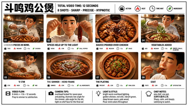 Create a crisp, clean infographic storyboard poster for 斗鸣鸡公煲. Wide 16:9 layout, white background, b