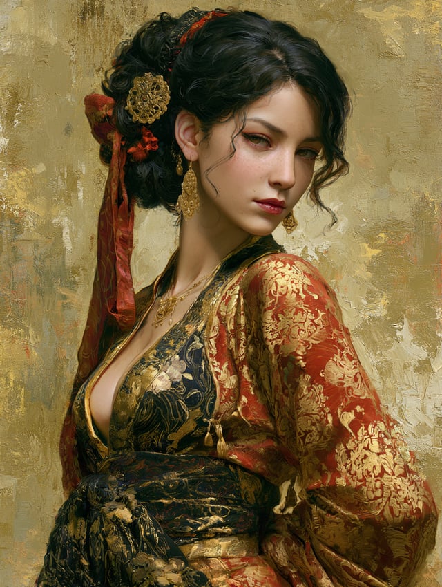 portrait half body female French concubine with slim curvy body painting by gaston bussiere, greg ru