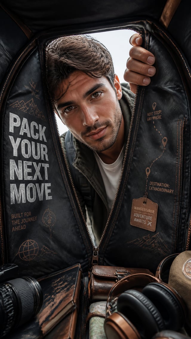 A premium 9:16 travel-lifestyle advertising poster.Main Subject:A young male model looking directly 