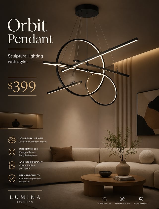 A luxury modern chandelier poster titled “Orbit Pendant,” featuring a sculptural composition of inte
