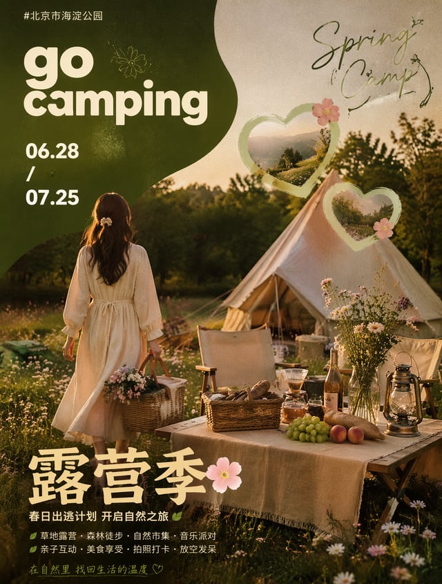竖版春日露营活动杂志海报，户外草坪野餐露营实景，茂密青草地，温柔黄昏黄金柔光；身穿米杏宽松亚麻长裙的女生手提藤编野餐篮，米色露营帐篷、帆布折叠椅、铺亚麻布木质矮桌；桌上摆放藤编收纳篮、法棍面包、青提、