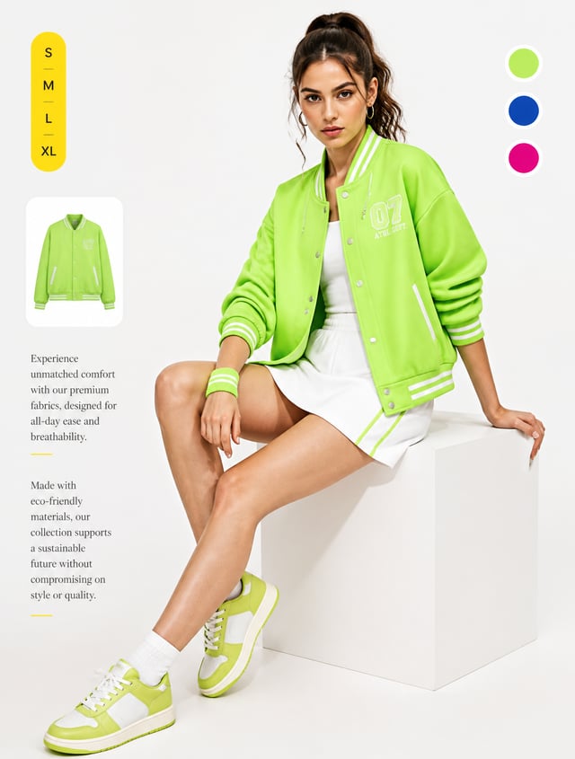 A professional commercial fashion advertisement featuring a young female model in the uploaded image
