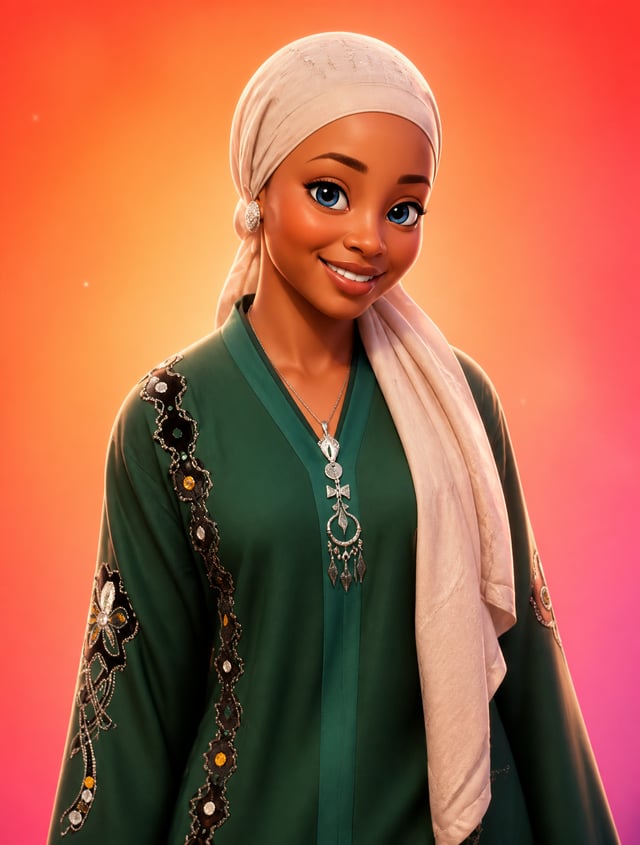 A stylized Pixar-style 3D portrait of a refernce image with smooth skin, large expressive blue eyes,