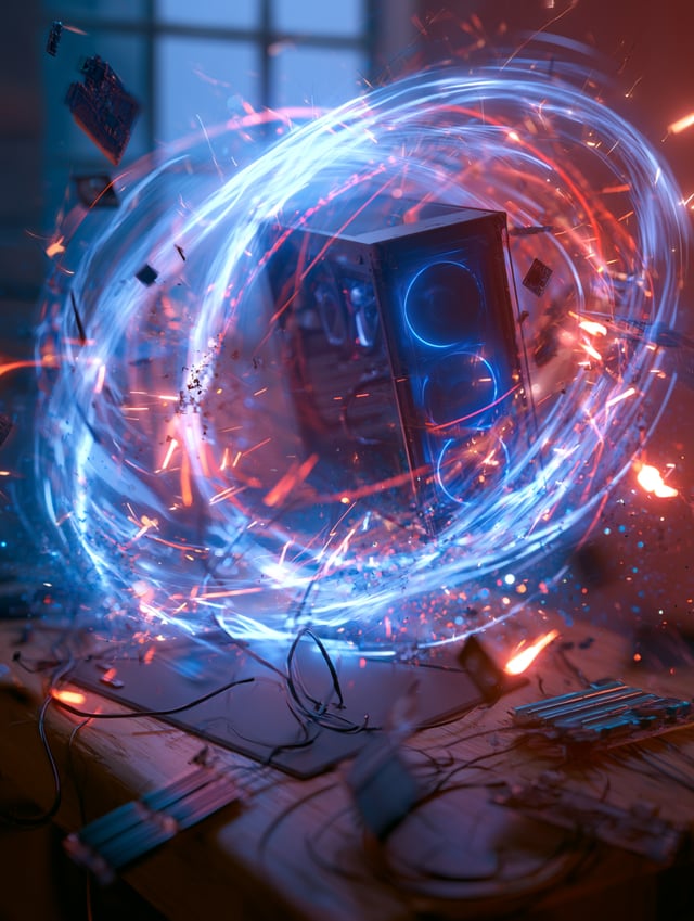 Ultra-realistic gaming PC floating above a desk, surrounded by glowing blue and red energy rings and