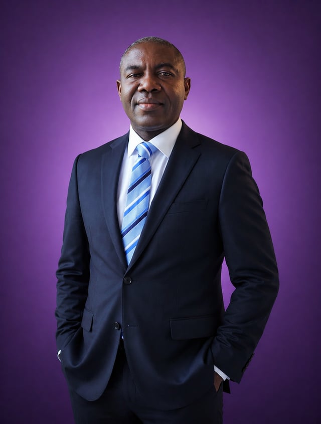 A professional middle-aged man with a dark complexion stands in a centered portrait pose, wearing a 