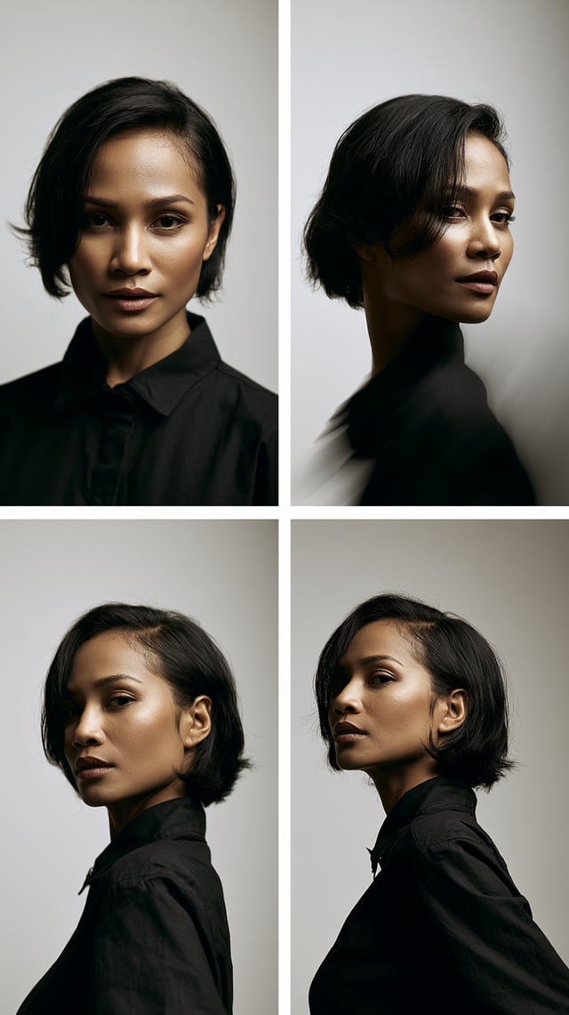Create a premium high-fashion editorial series featuring a stylish Timorese female model with sharp,