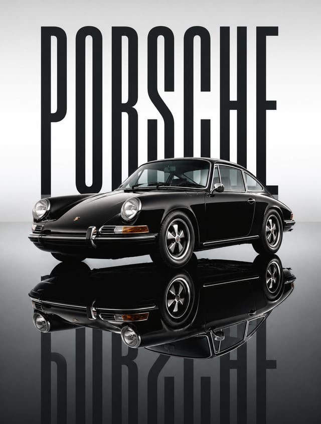 A pristine black 1969 porsche  sits stationary on a dark, mirror-like reflective surface, its glossy