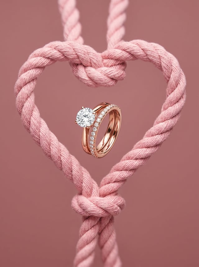 A pair of intertwined rose gold engagement rings featuring a prominent solitaire diamond and a pavé-