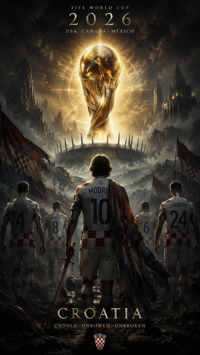 Elden Ring StyleVertical 9:16 poster of World Cup 2026, Croatia national team in epic dark fantasy l