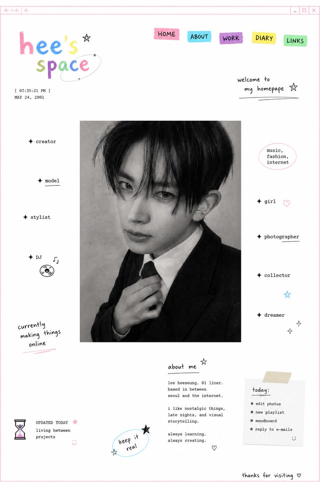 Design a minimal early-internet personal profile webpage / digital portfolio landing page on a large