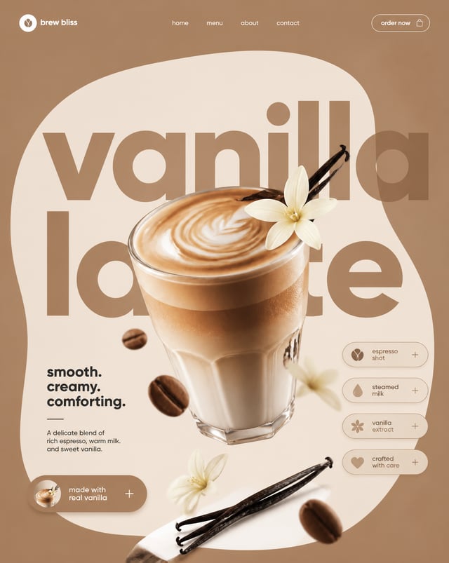 Vanilla Latte STYLE & ART DIRECTION: Modern minimalist food advertising aesthetics, Swiss-style adve