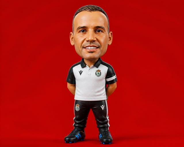 3D rendered caricature figurine of sergio francisco  chibi style with stylized oversized head and ex