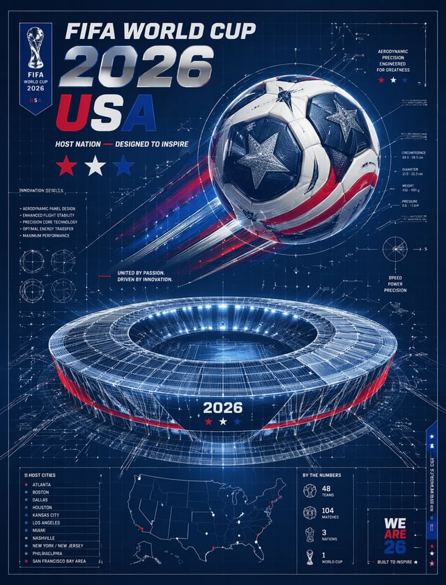 FIFA World Cup 2026 USA blueprint poster, blue-red-white palette, technical drawing of football and 