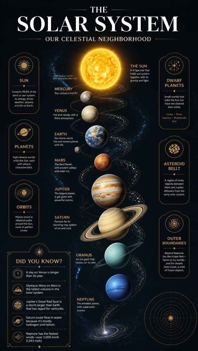 PROMPT:A premium editorial infographic poster in 9:16 vertical format about the solar system, design