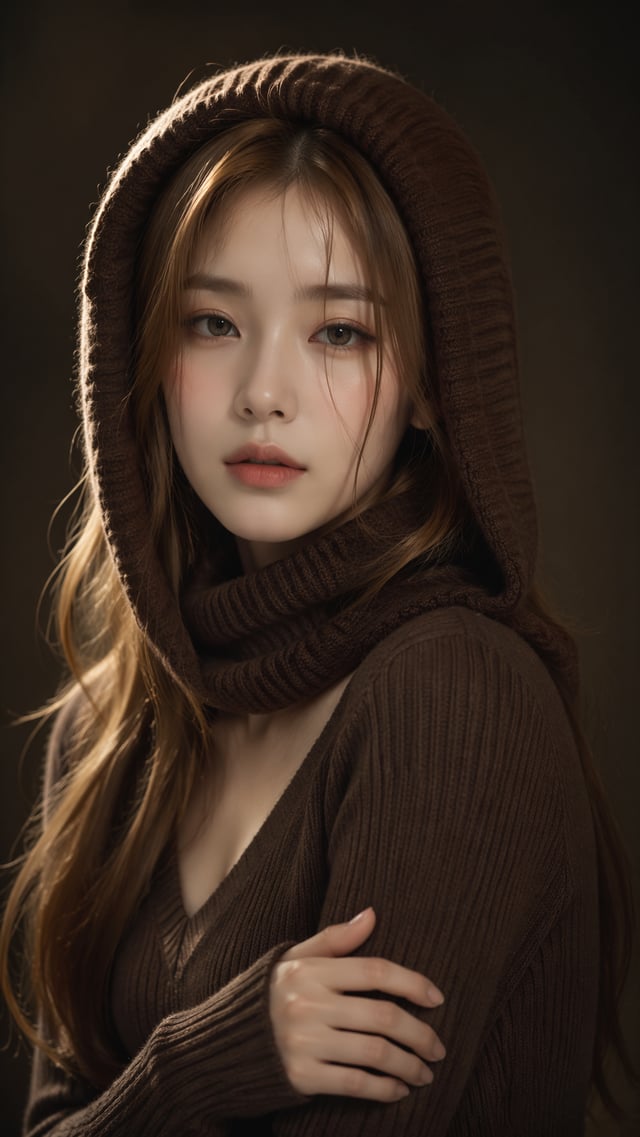 Vertical bust portrait photo, beautiful young East Asian girl, long gradient light golden brown hair