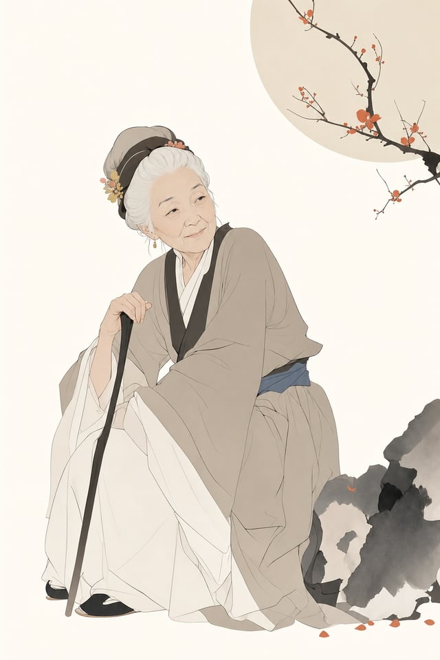 一张极简主义现代杂志风格插画，主体为红楼梦里的刘姥老。画面以干净流畅的线条塑造形象，造型简洁但富有美感，背景保留大面积留白，配色以柔和中性色为主，并加入少量鲜艳色彩作为视觉焦点。整体构图精致平衡，氛围