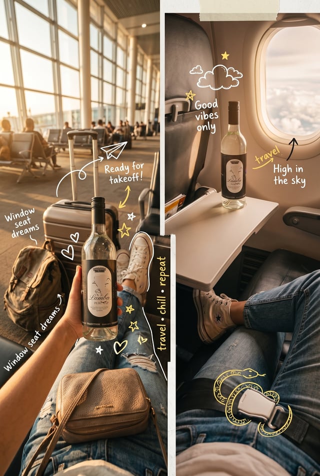 POV travel photography of a person sitting at an airport and inside an airplane, casual outfit with 