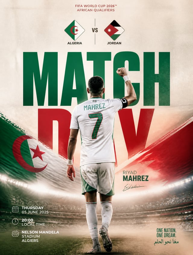 Ultra-realistic football match day poster design,ryad mahrez seen from the back wearing algeria whit