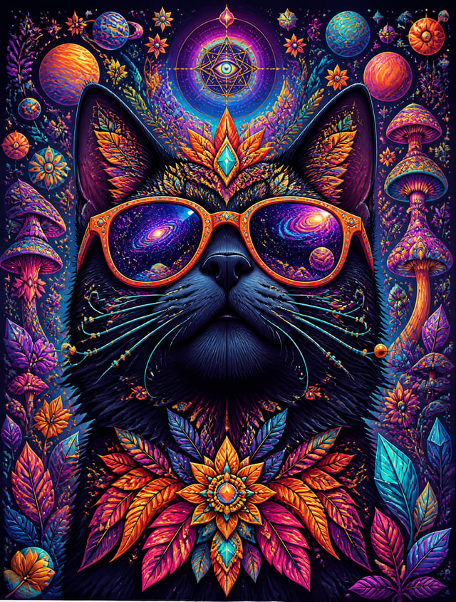 Ultra-detailed psychedelic vector illustration of a majestic black cat viewed from a dramatic low-an