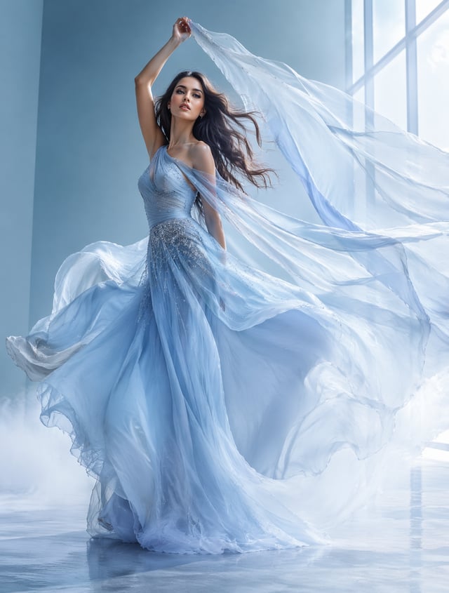 Tall woman, mid-20s, long glossy hair flowing in the wind, striking cheekbones, expressive ocean blu