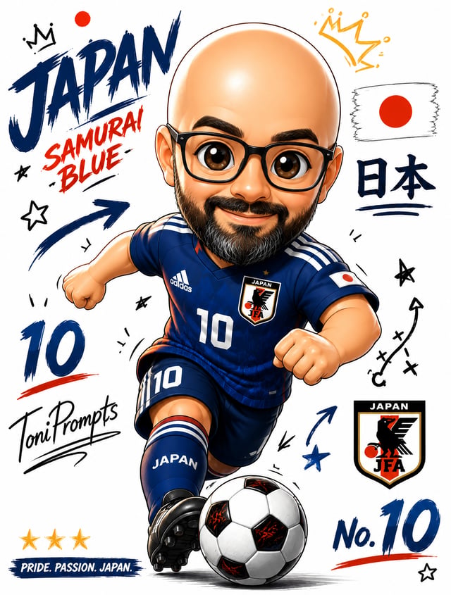 Crea una ilustración de un cartel como un jugador de fútbol de la selecció japonesa en un estilo chi