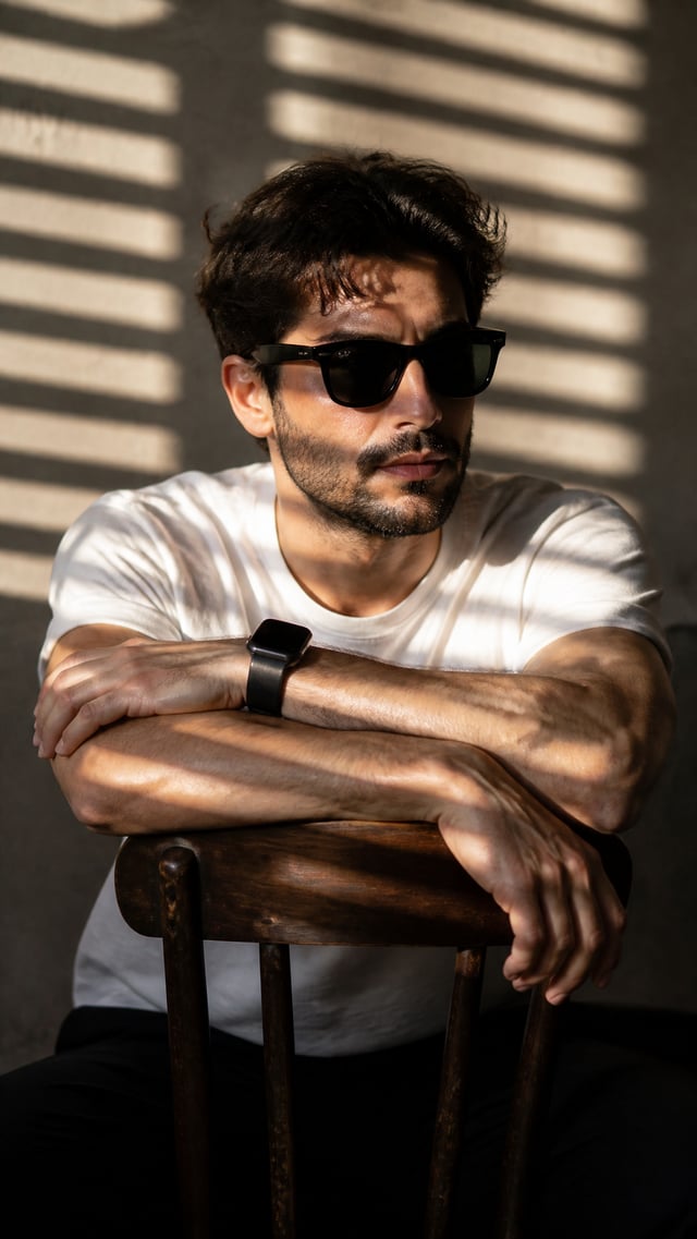 A high-resolution, cinematic portrait of a young man with messy, voluminous dark hair and a well-gro