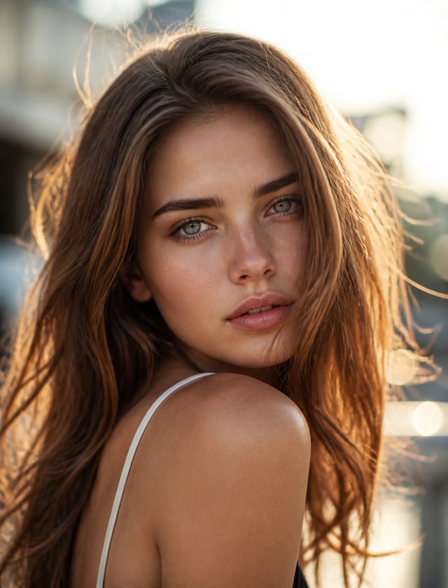 Ultra-realistic cinematic portrait of a young woman, natural facial features, detailed skin texture 