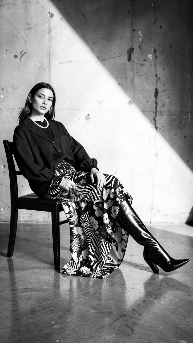 Create an ultra-realistic black-and-white high-fashion editorial photograph in a wide cinematic stud