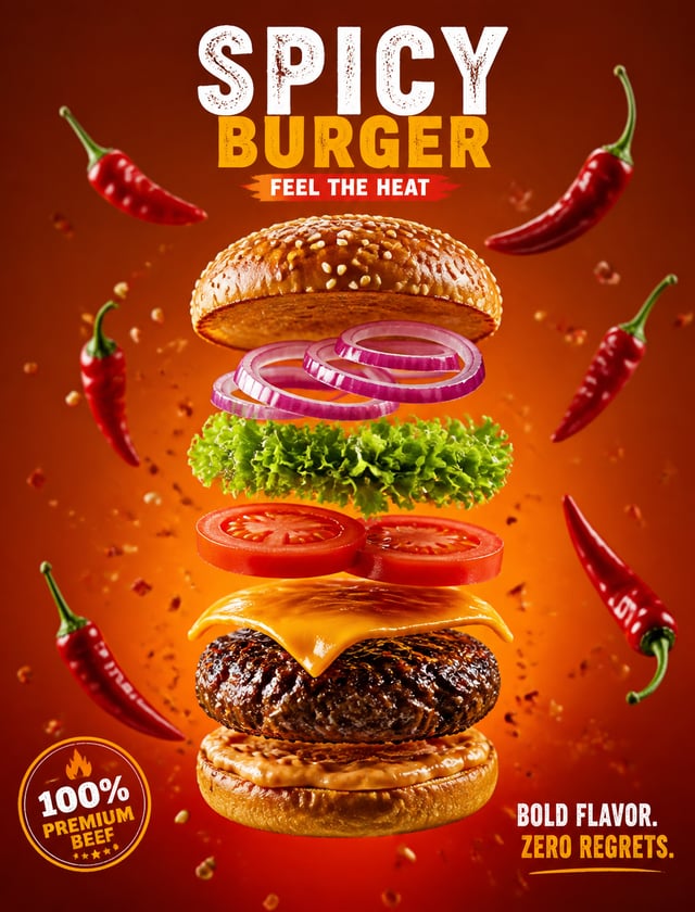 A deconstructed gourmet cheeseburger floats vertically in mid-air against a warm, gradient amber-to-