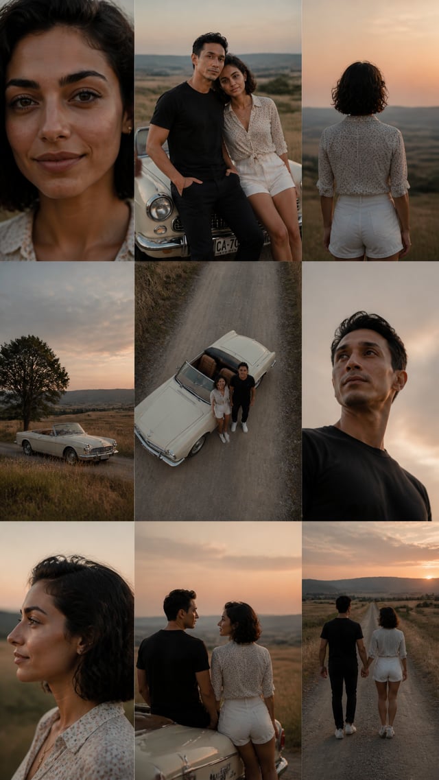 A cinematic 3×3 grid of film-still frames featuring the same couple during a quiet countryside road 