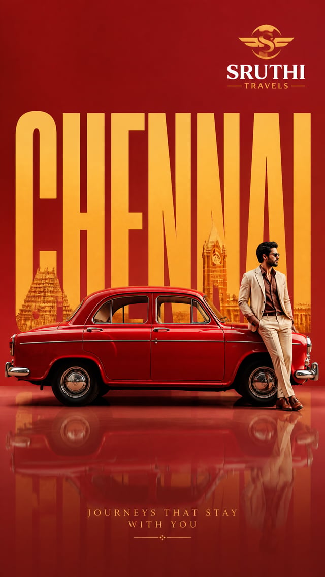 High-end surreal automotive advertising poster for SRUTHI TRAVELS, iconic vintage car shown in clean