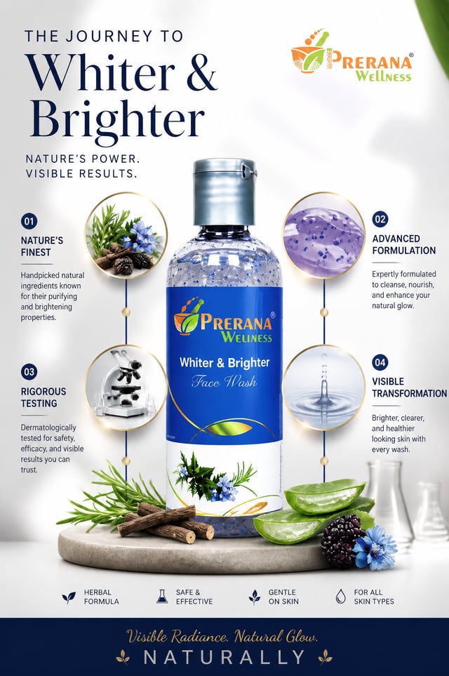PRODUCT whiter & brighter face wash Create a premium commercial advertising poster built around a ve