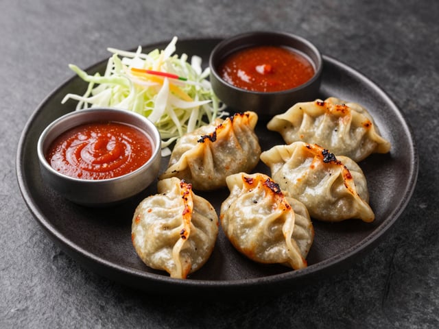 spicy grilled chicken momos on black ceramic plate, red dipping sauces, cabbage salad, top view food