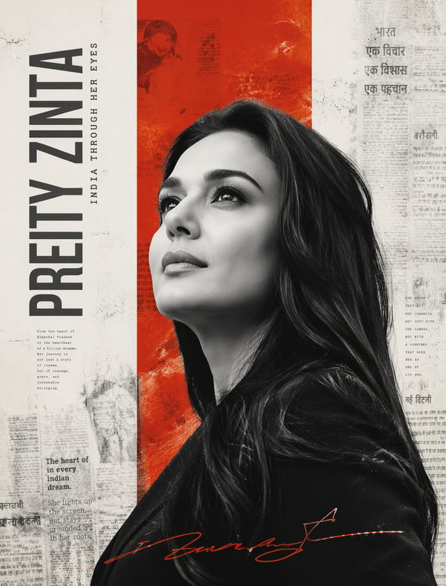 Minimalist Editorial PosterUltra-realistic black-and-white portrait of [pretty zinta], low-angle 45°