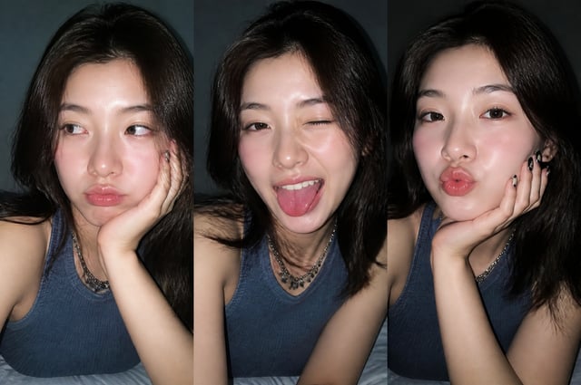 Ultra-realistic Gen Z selfie photo collage, three vertical smartphone flash selfies of a young woman