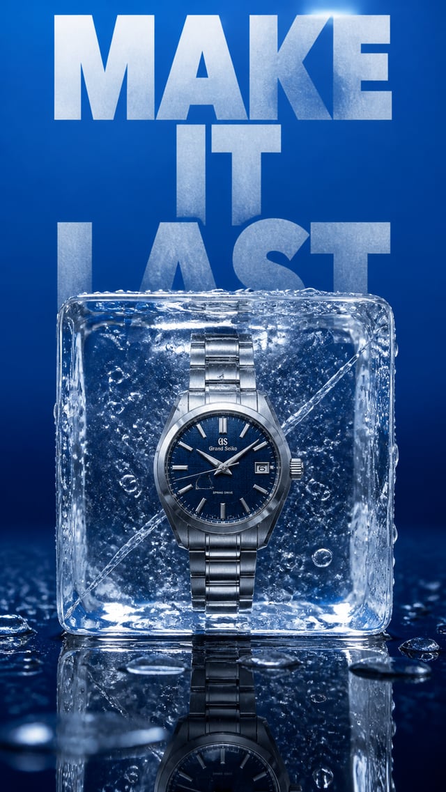 A premium 9:16 conceptual luxury watch campaign.Main Visual:A luxury stainless-steel wristwatch posi